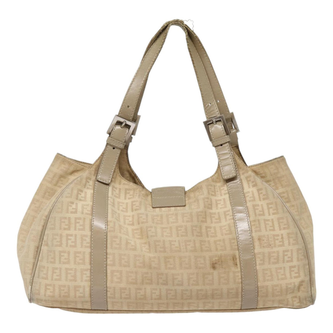 FENDI Zucchino Canvas Shoulder Bag Silver Beige Auth 87811
