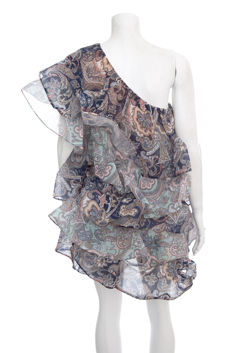 Bronx & Banco Navy Paisley Printed One-Shoulder Ruffle Dress SZ S