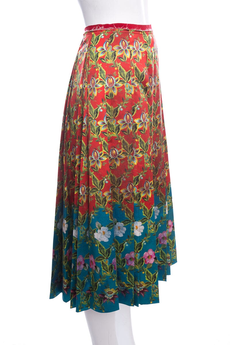 Gucci Green & Red Floral Accordion Pleated Silk Skirt SZ 38