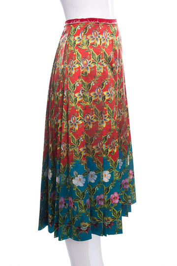 Gucci Green & Red Floral Accordion Pleated Silk Skirt SZ 38
