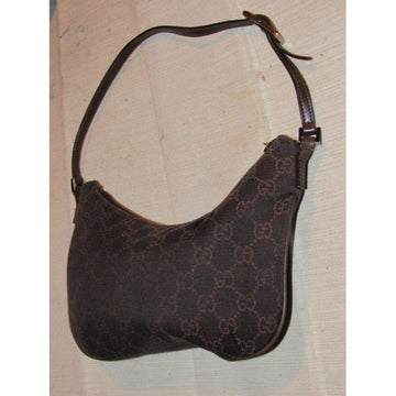 Gucci, petite, brown Guccissima print canvas & brown leather, hobo style, kidney shaped purse with chrome hardware & zip top closure