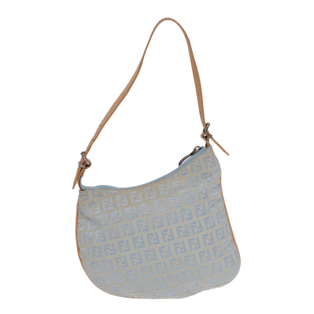 FENDI Zucchino Canvas Shoulder Bag Light Blue Silver Auth 88411