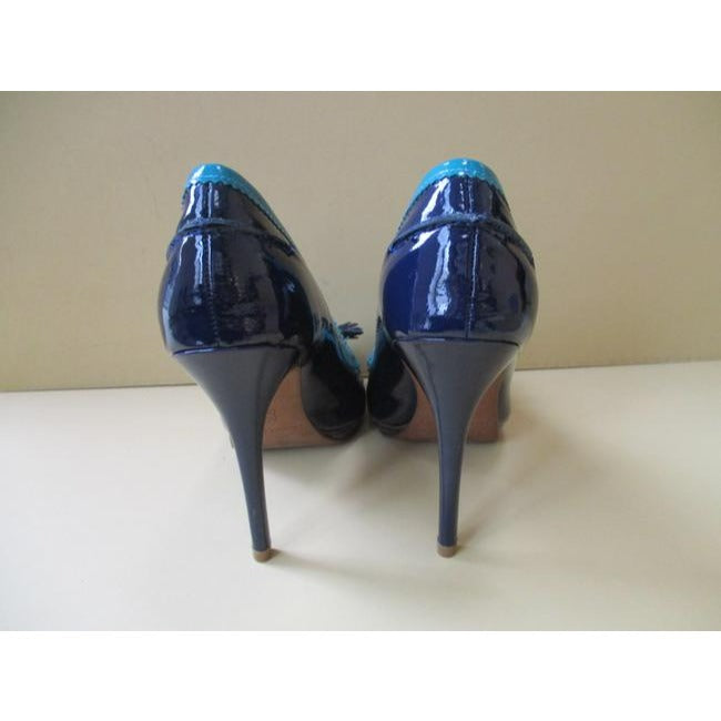 Donald J Pliner Navy Teal Patent Tassel Bow Peep Toe Pumps Size Us