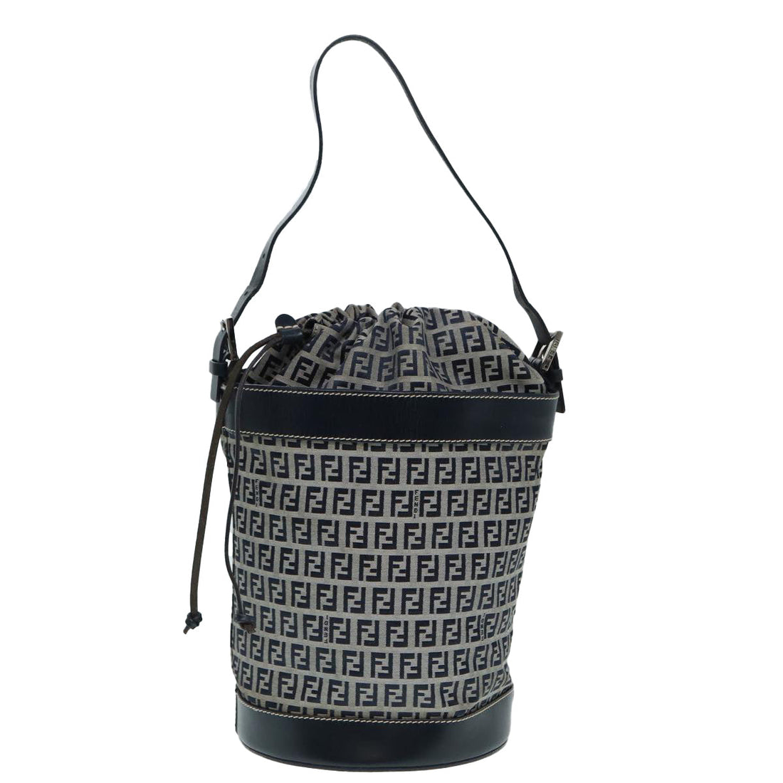 FENDI Zucchino Canvas Shoulder Bag Navy Silver Auth 88663