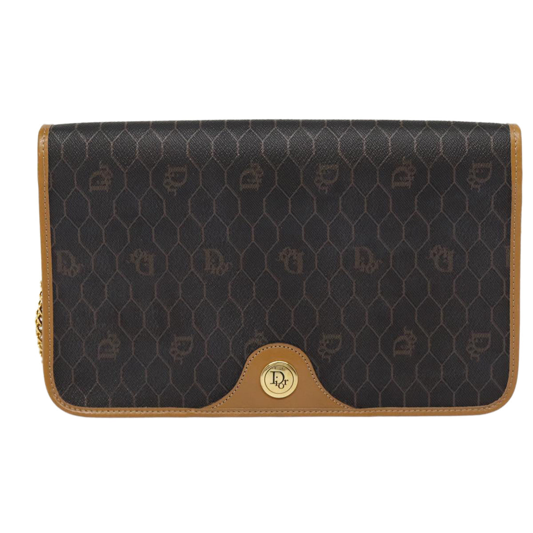 CHRISTIAN DIOR Honeycomb Canvas Chain Shoulder Bag PVC Black Gold Auth 88668