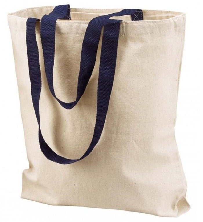 Tan Tote Bag with Navy Blue Handle