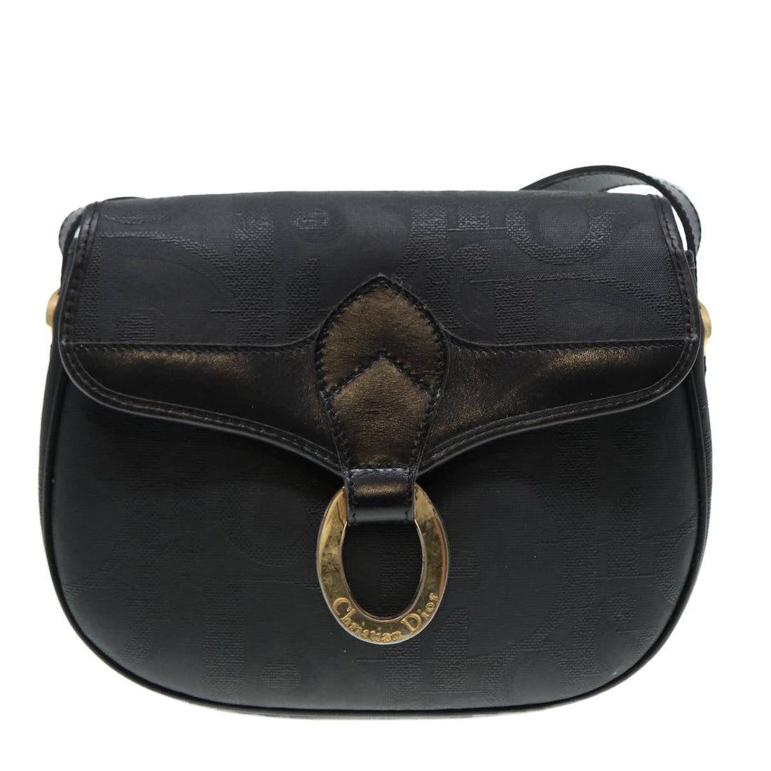 CHRISTIAN DIOR Trotter Canvas Shoulder Bag Gold Black Auth 88734