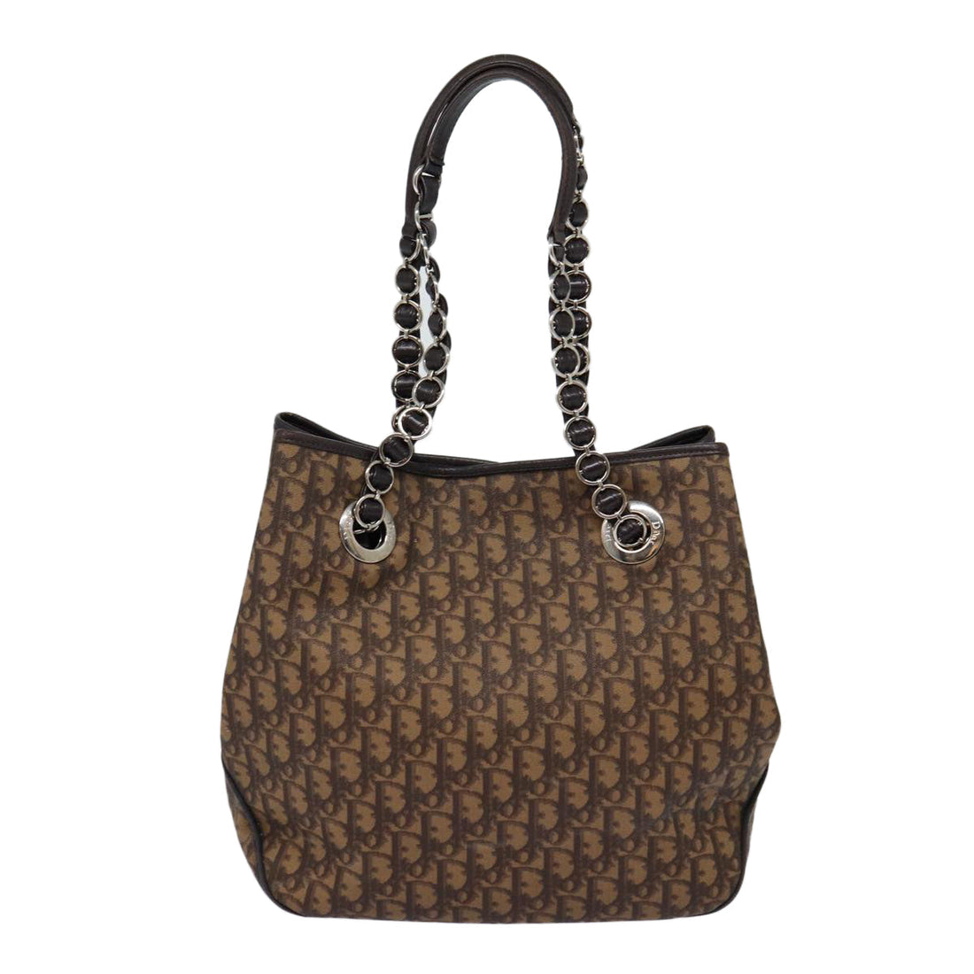 CHRISTIAN DIOR Trotter Canvas Chain Shoulder Bag Brown Silver Auth 88754
