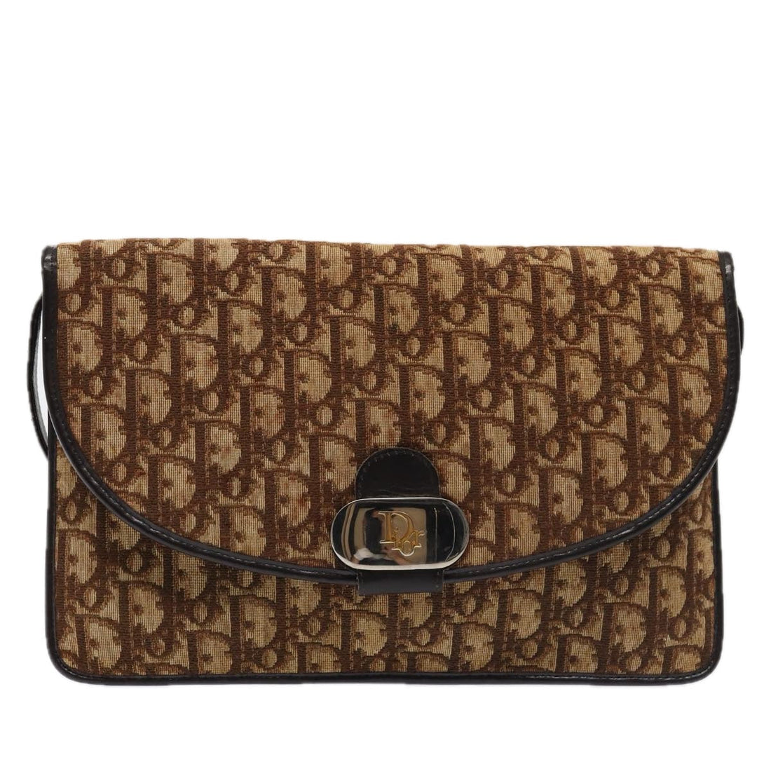 CHRISTIAN DIOR Trotter Canvas Shoulder Bag Silver Brown Auth 88755