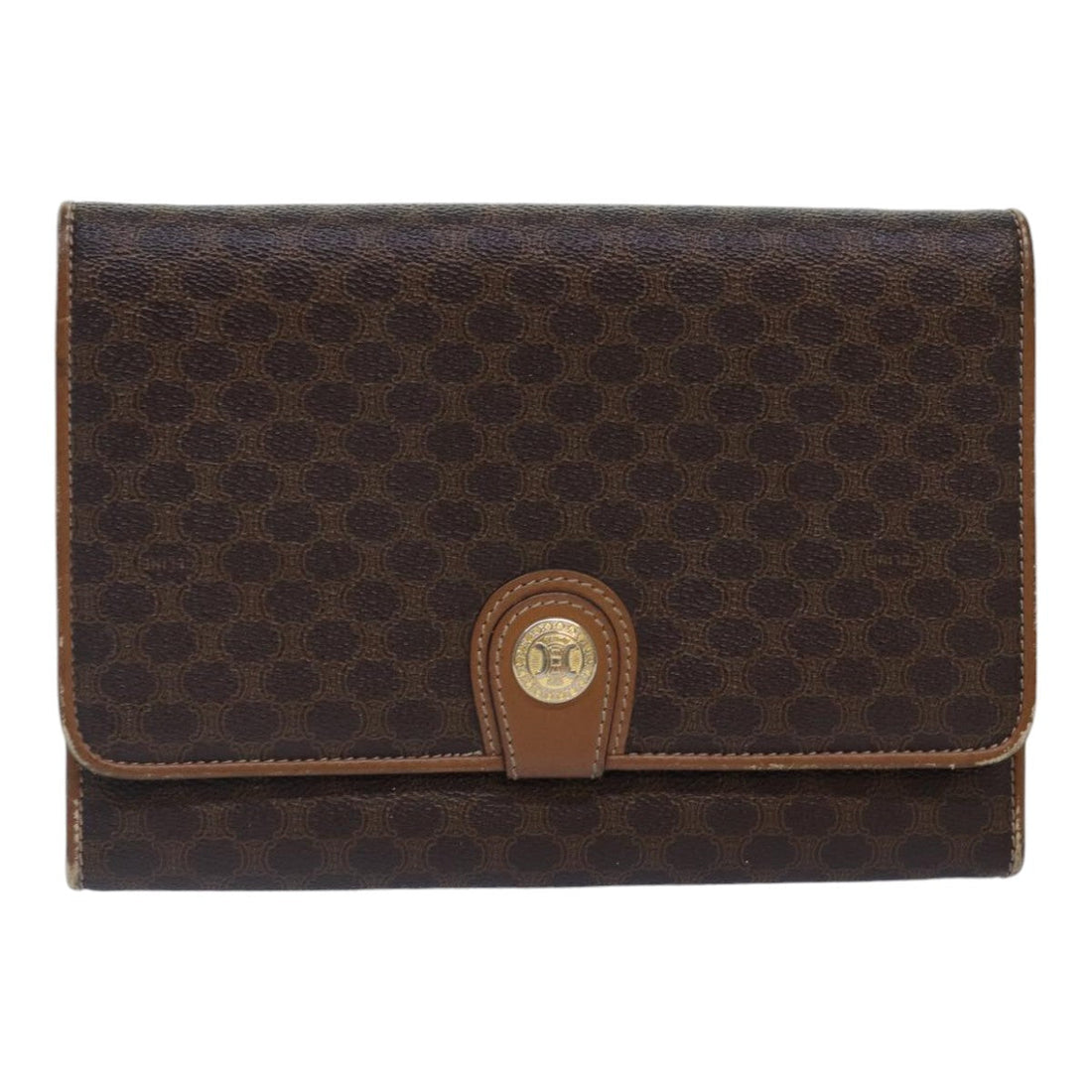 CELINE Macadam Canvas Shoulder Bag PVC Leather Brown Gold Auth 88762