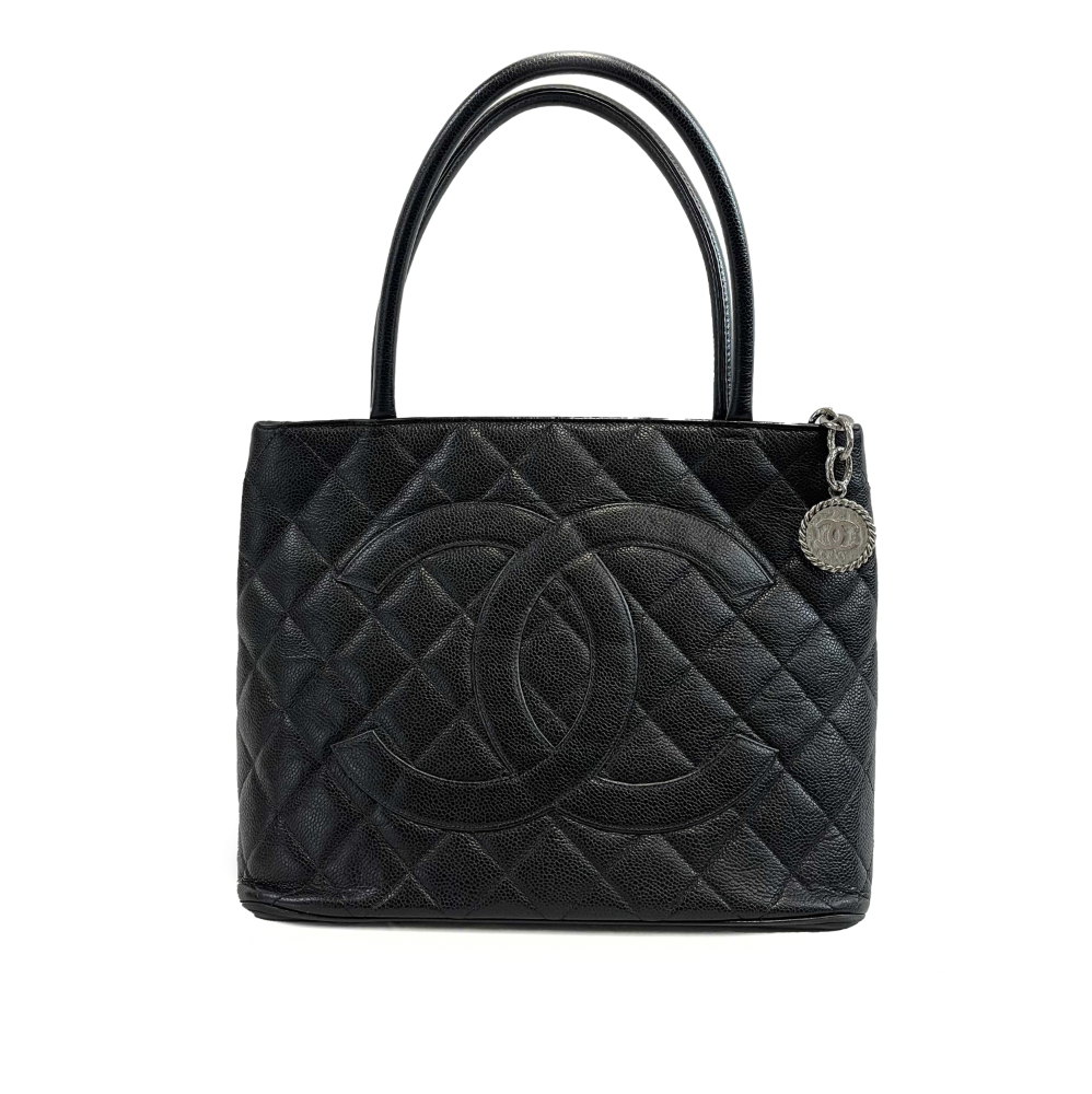 CHANEL CC Medallion Black Diamond Quilted Caviar Leather Tote / Shoulder Bag