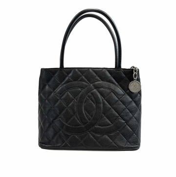 CHANEL CC Medallion Black Diamond Quilted Caviar Leather Tote / Shoulder Bag