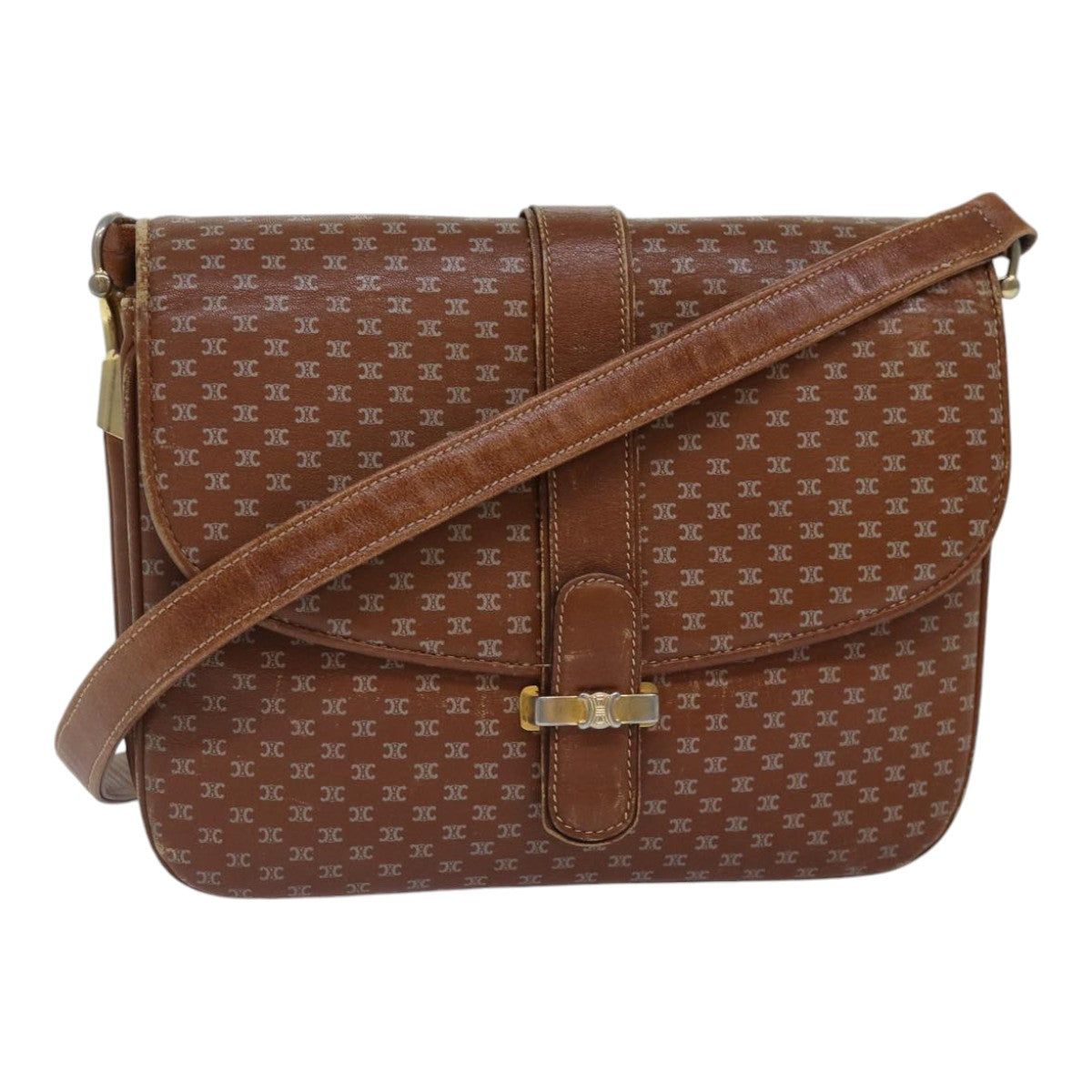 CELINE Macadam Canvas Shoulder Bag Brown Gold Auth 89107