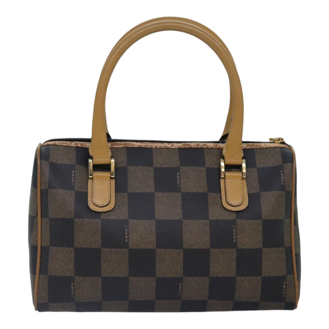 FENDI Pecan Canvas Boston Bag Brown Black gold Auth 89110