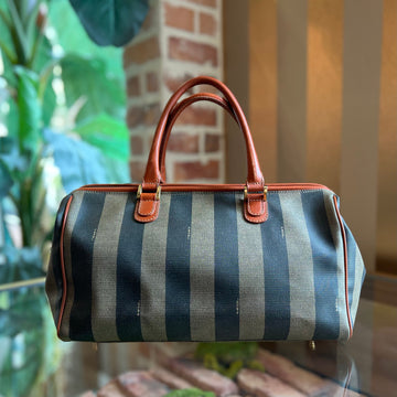 FENDI Tobacco Pequin Striped Canvas and Leather Vintage Satchel Bag
