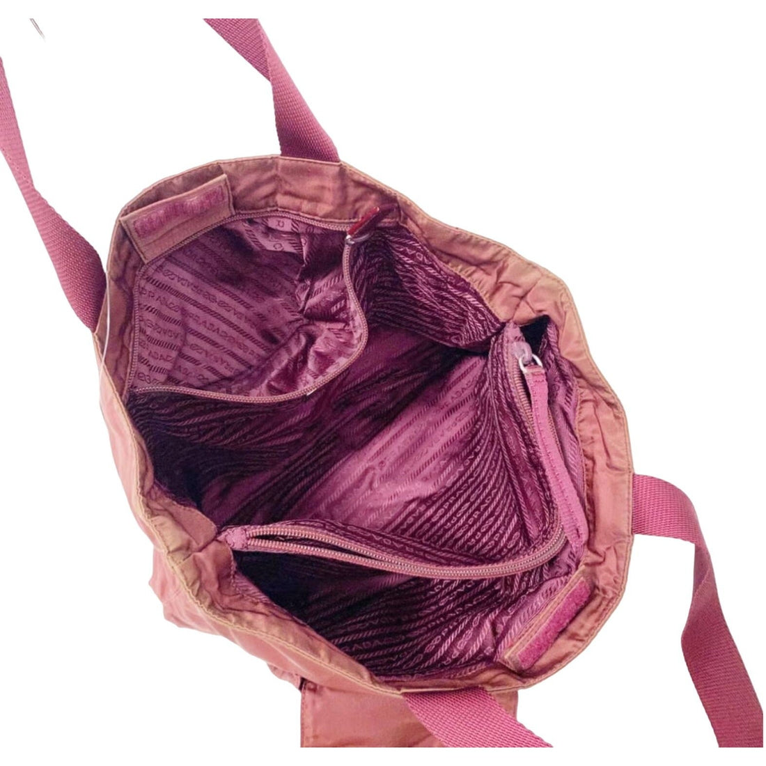 1990s Prada, dark red nylon & patent leather, satchel or tote bag with two handles, multiple compartments & pockets, & chrome hardware