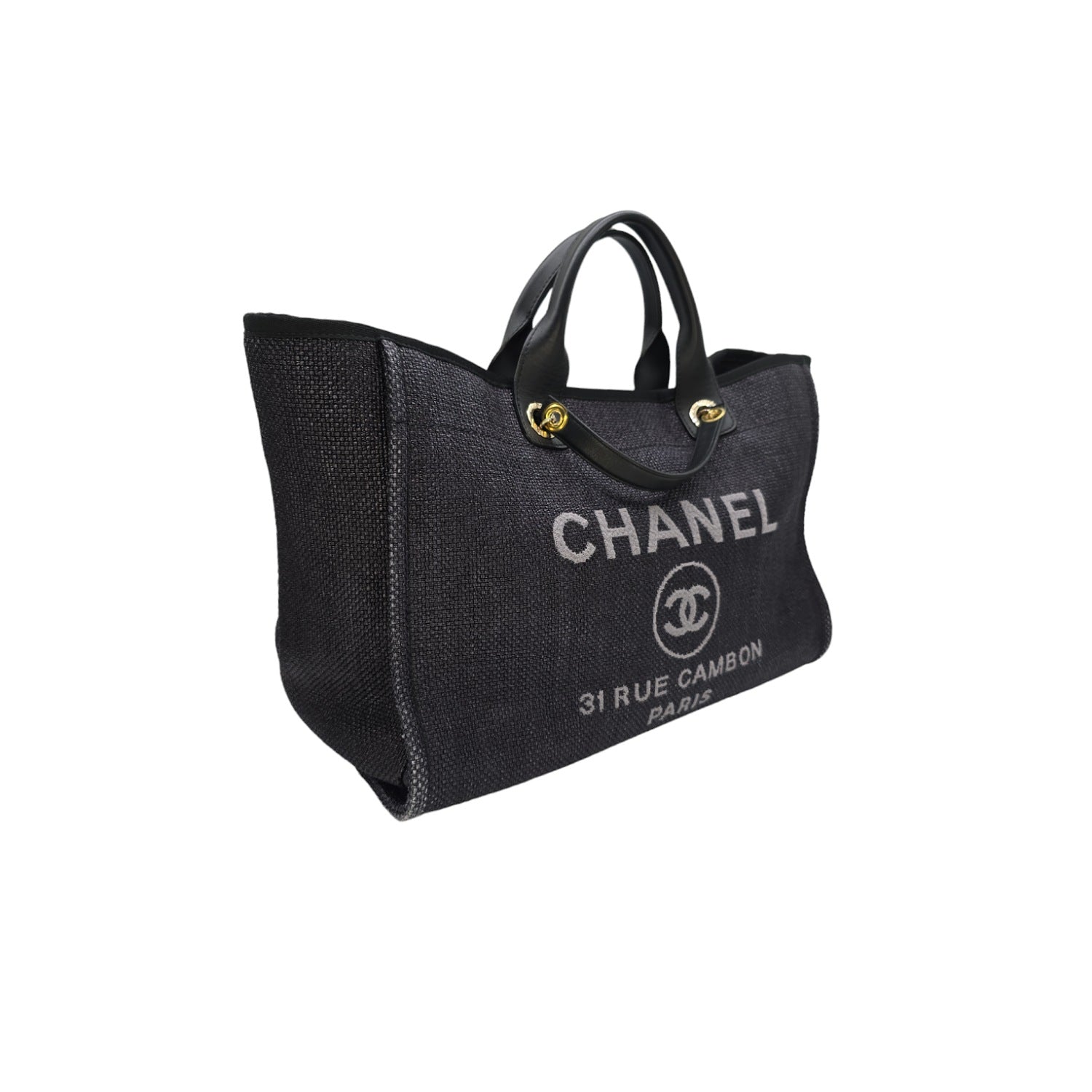 Chanel Woven Straw Raffia Medium Deauville Tote Black