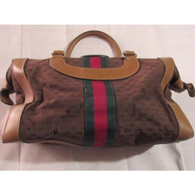 Gucci Vintage Dark Brown Small G Logo Print Fabric And Camel Leather With Red