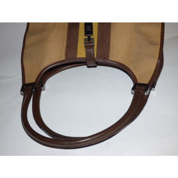 Gucci Tan Canvas and Brown Leather Jackie Bardot Style Hobo Shoulder Bag W Yellow & Brown Sherry Stripe & Chrome Hardware