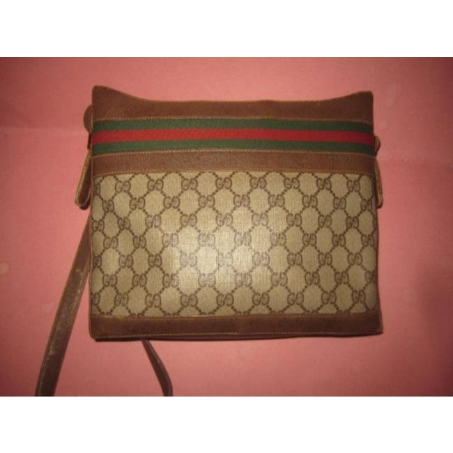Gucci Vintage Brown Leather And Large G Logo Print Coated Canvas With Red Green Stripe