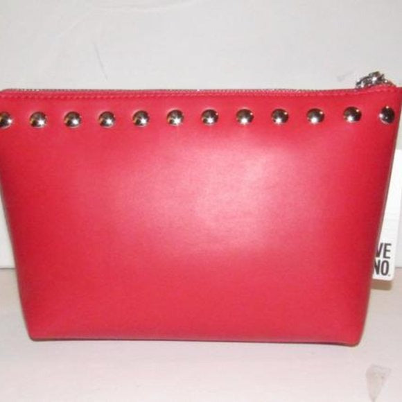 AMAZING, NWT, Moschino, true red leather, retro, clutch or cosmetic bag with chrome studs, a zip top closure, an XL engraved chrome zipper fob, and polished chrome hardware