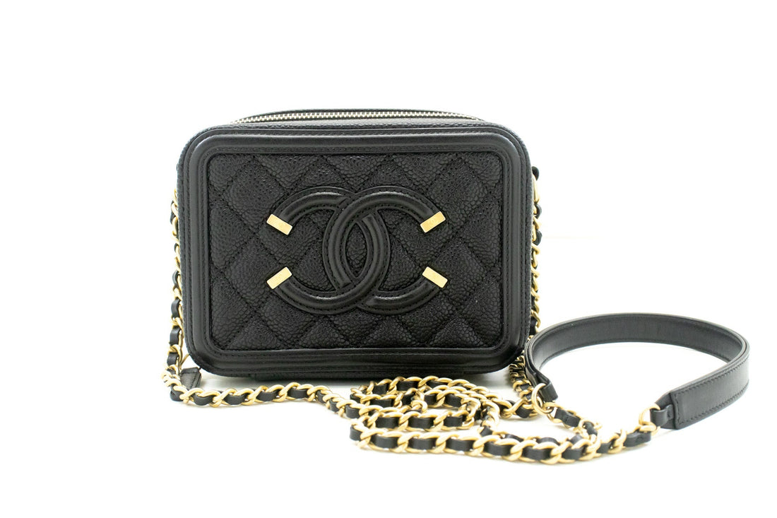 CHANEL Micro Caviar Grained Calfskin Chain Shoulder Bag Black Zip