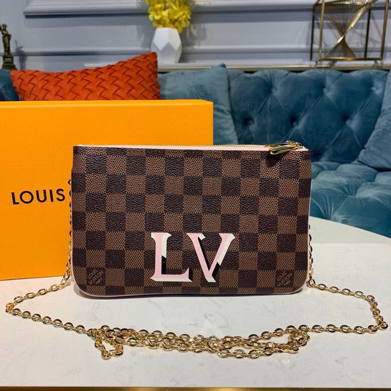LV Pochette Double Zip Damier Ebtlme Canvas Rose Ballerine Pink For Womtlm, Womtlm’s Bags, Shoulder And Crossbody Bags 7.9in/21cm LV N60254