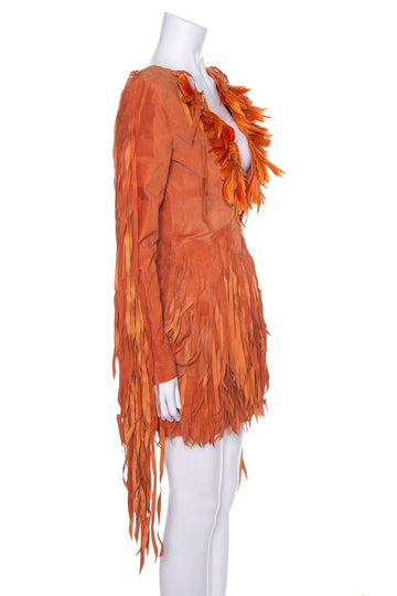 Julie Ewing Orange Raw Suede Custom Feather and Fringe Dress SZ S