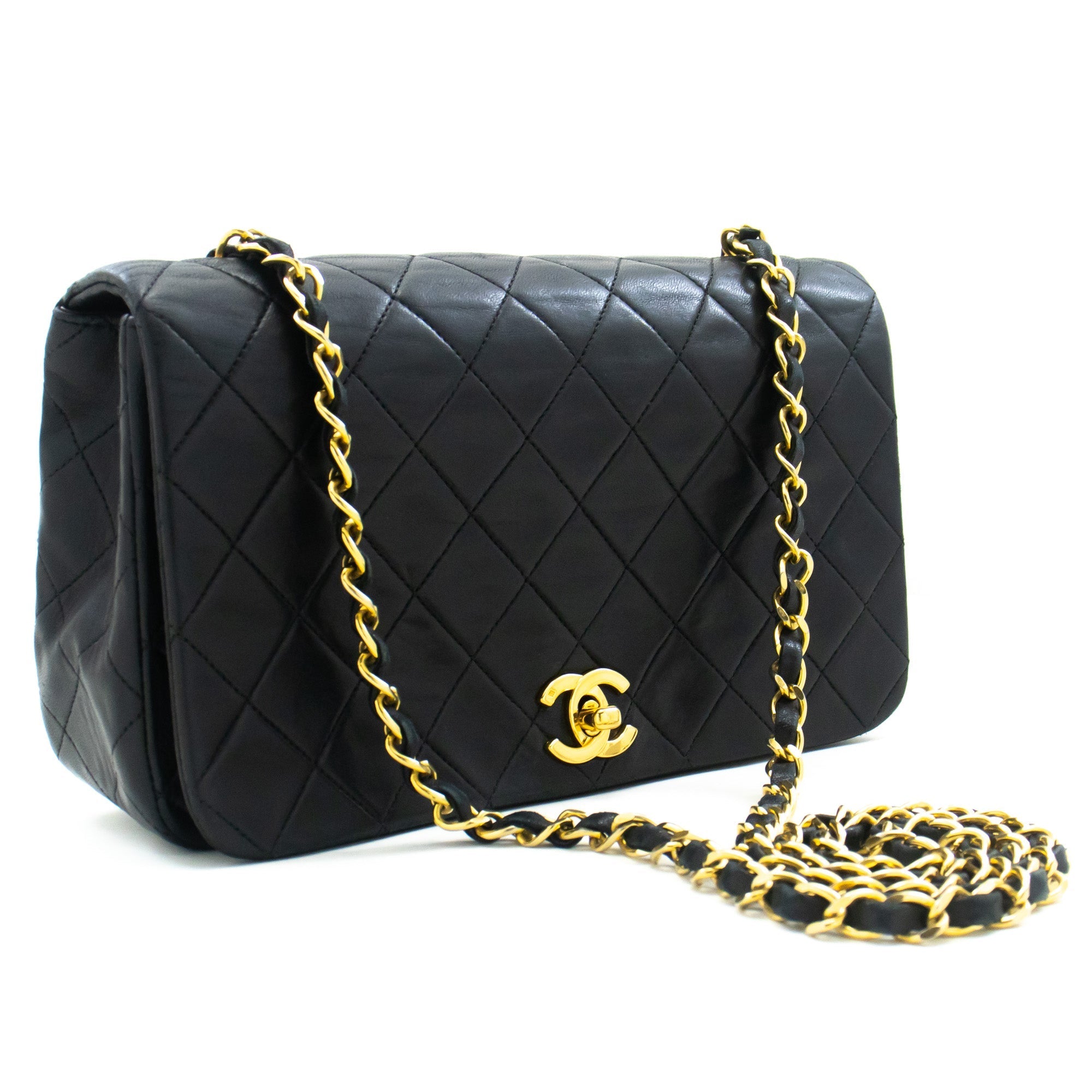 CHANEL Full Flap Chain Shoulder Bag Clutch Black Quilted Lambskin