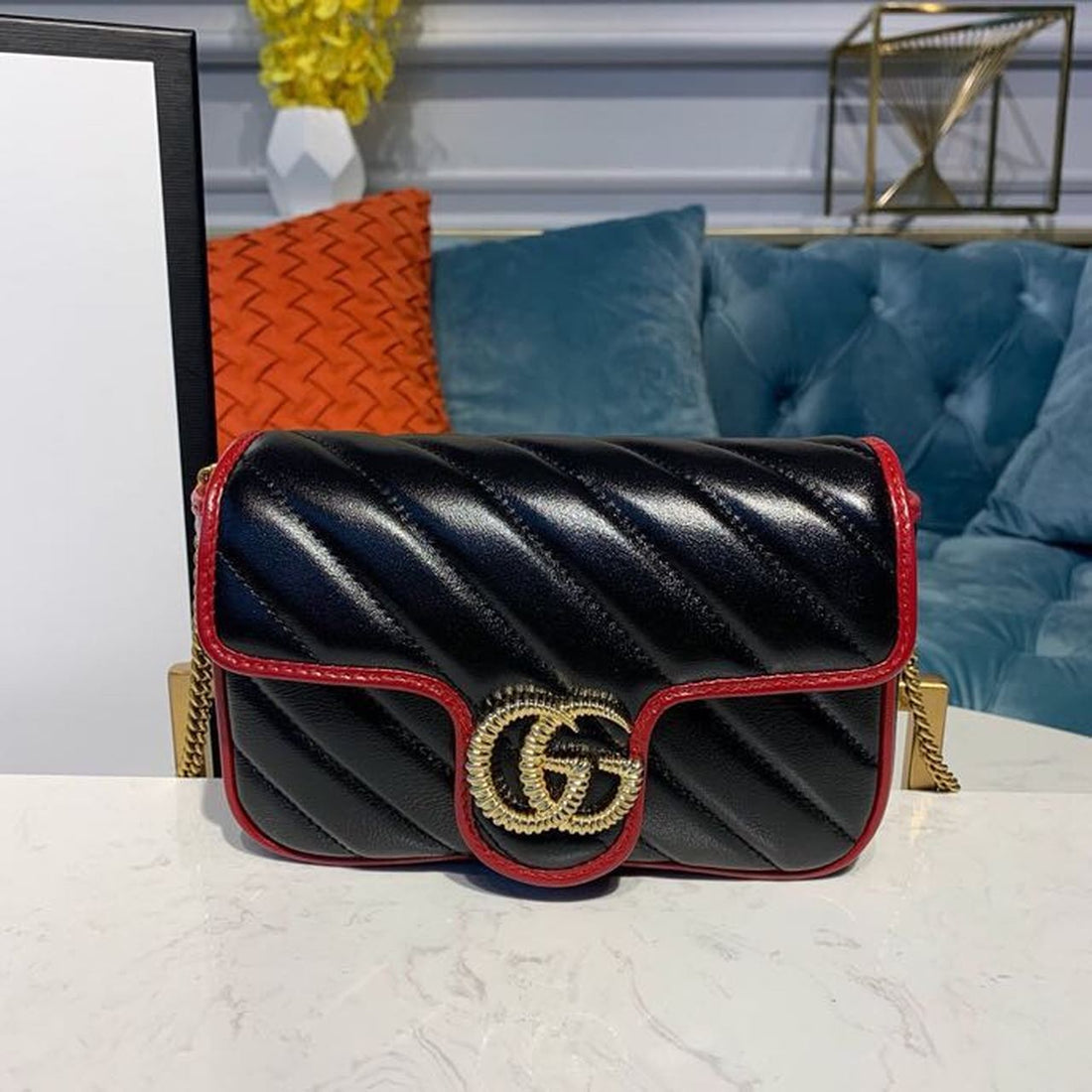 gg Marmont Diagonal Matelass Shoulder Bag Black Red For Womtlm 10in/26cm gg 443497