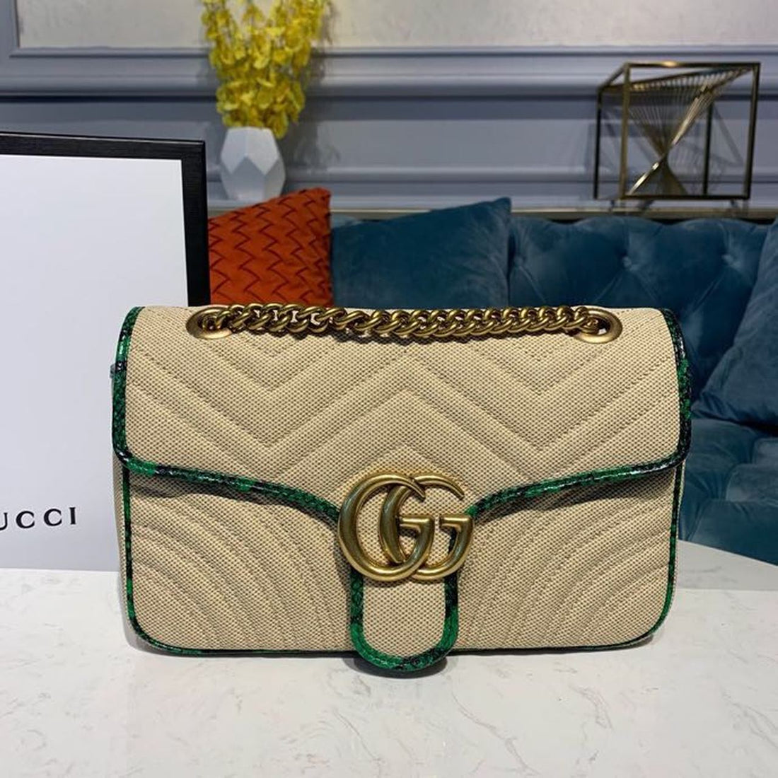 gg Marmont Raffia Straw Shoulder Bag Beige/Green gg Chevron Matelassé Raffia Effect Fabric For Women 10in/26cm gg  ?443497