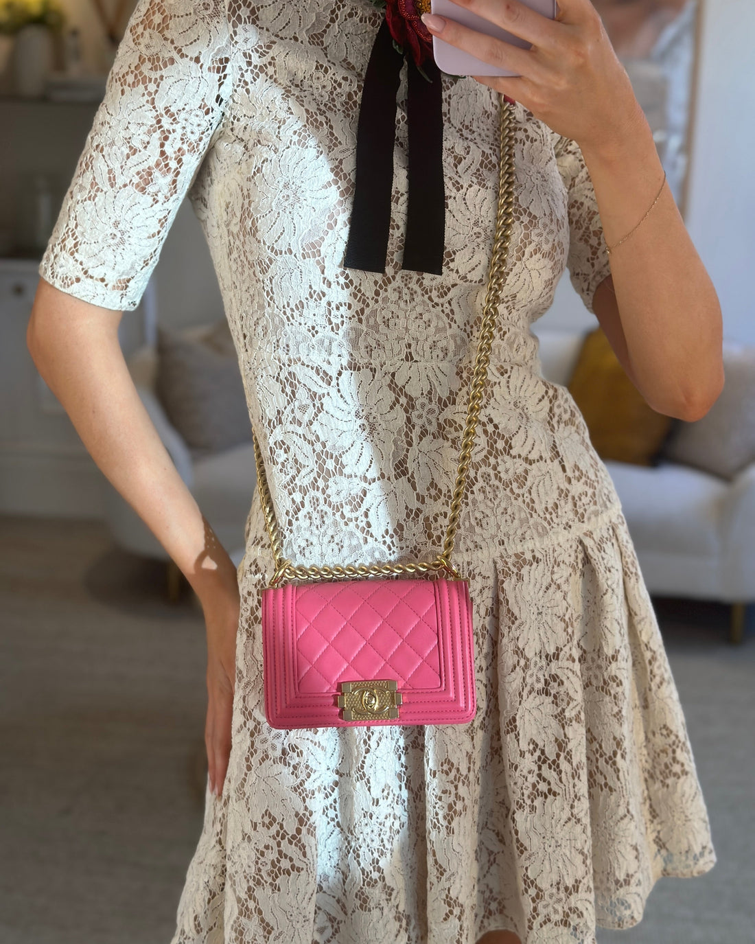 Chanel Punch Pink Mini Boy Bag in Lambskin Leather with Gold Hardware