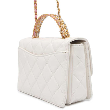 CHANEL Top Handle Mini Flap Bag White AS3886 Shiny Calf Leather