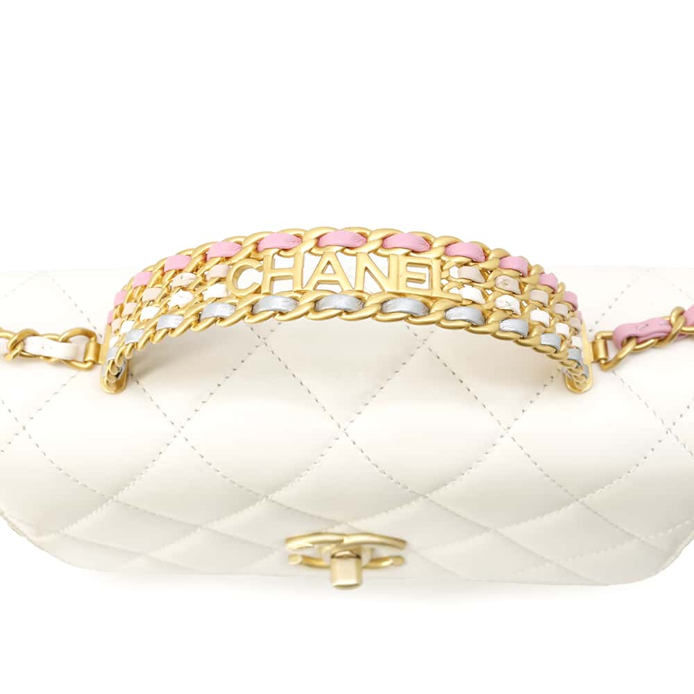 CHANEL Top Handle Mini Flap Bag White AS3886 Shiny Calf Leather