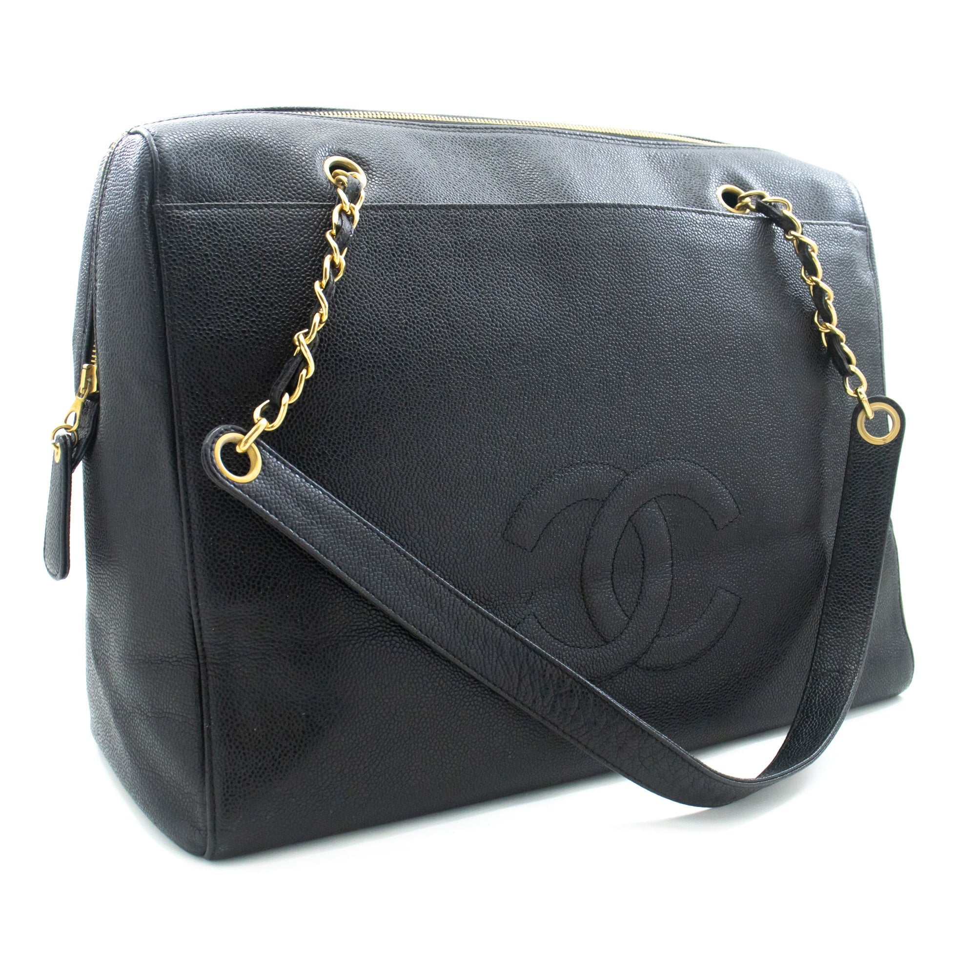 CHANEL Caviar Big Large Chain Shoulder Bag Black Leather Gold Zip