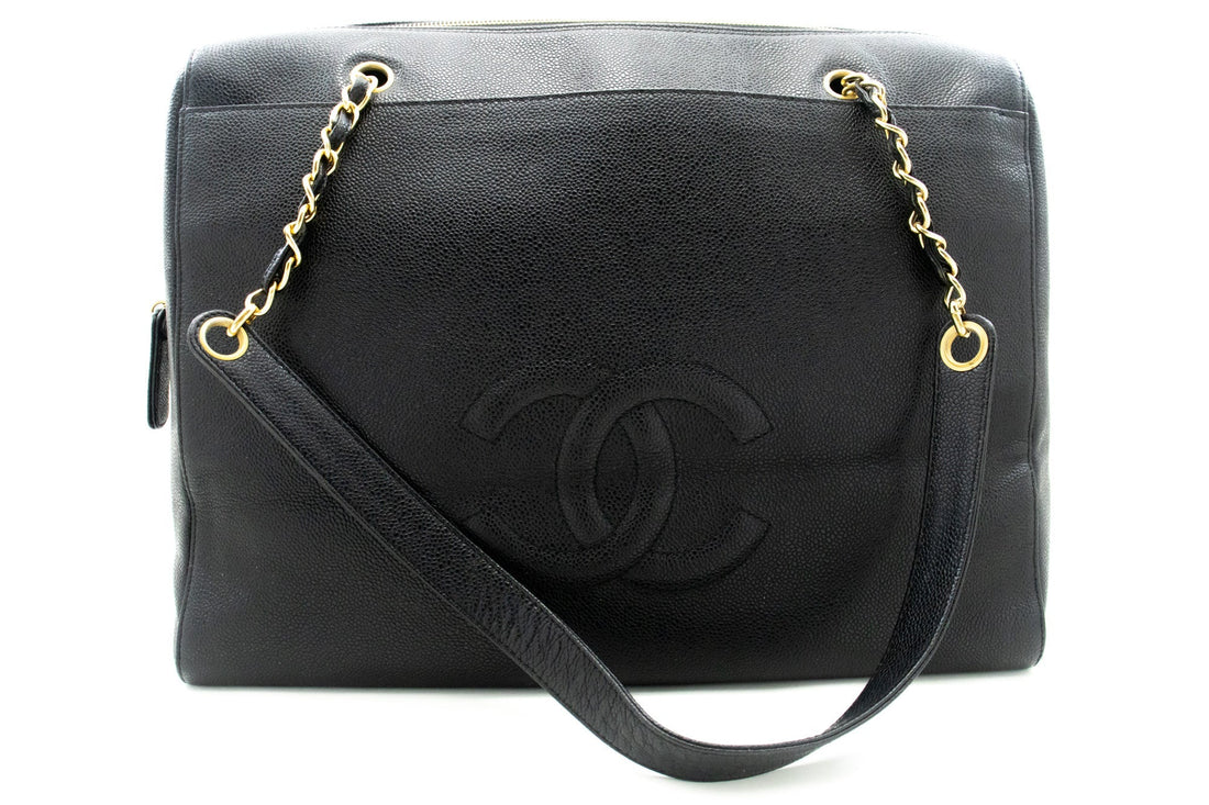 CHANEL Caviar Big Large Chain Shoulder Bag Black Leather Gold Zip