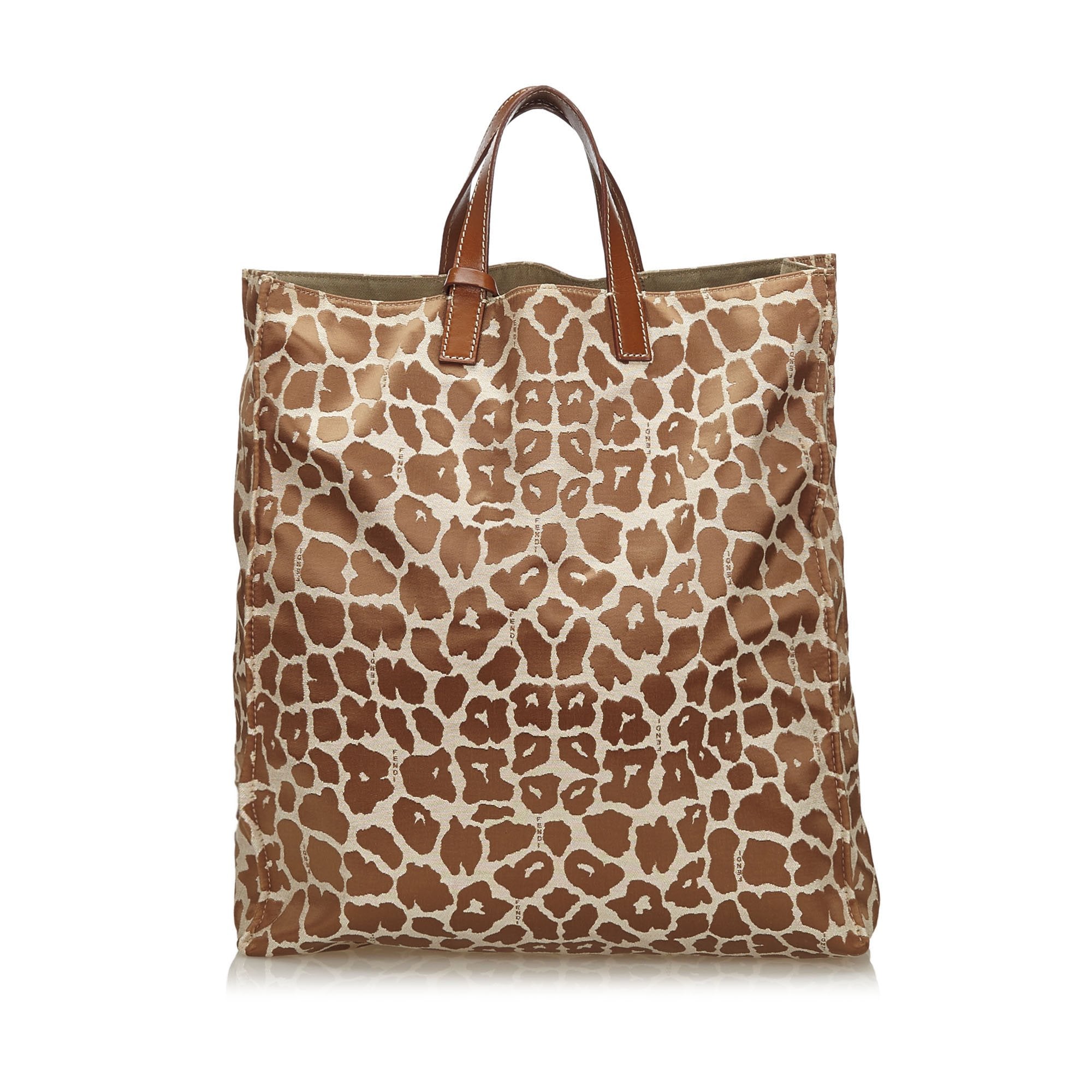 Fendi Brown Beige Canvas Fabric Leopard Print Tote Bag Italy