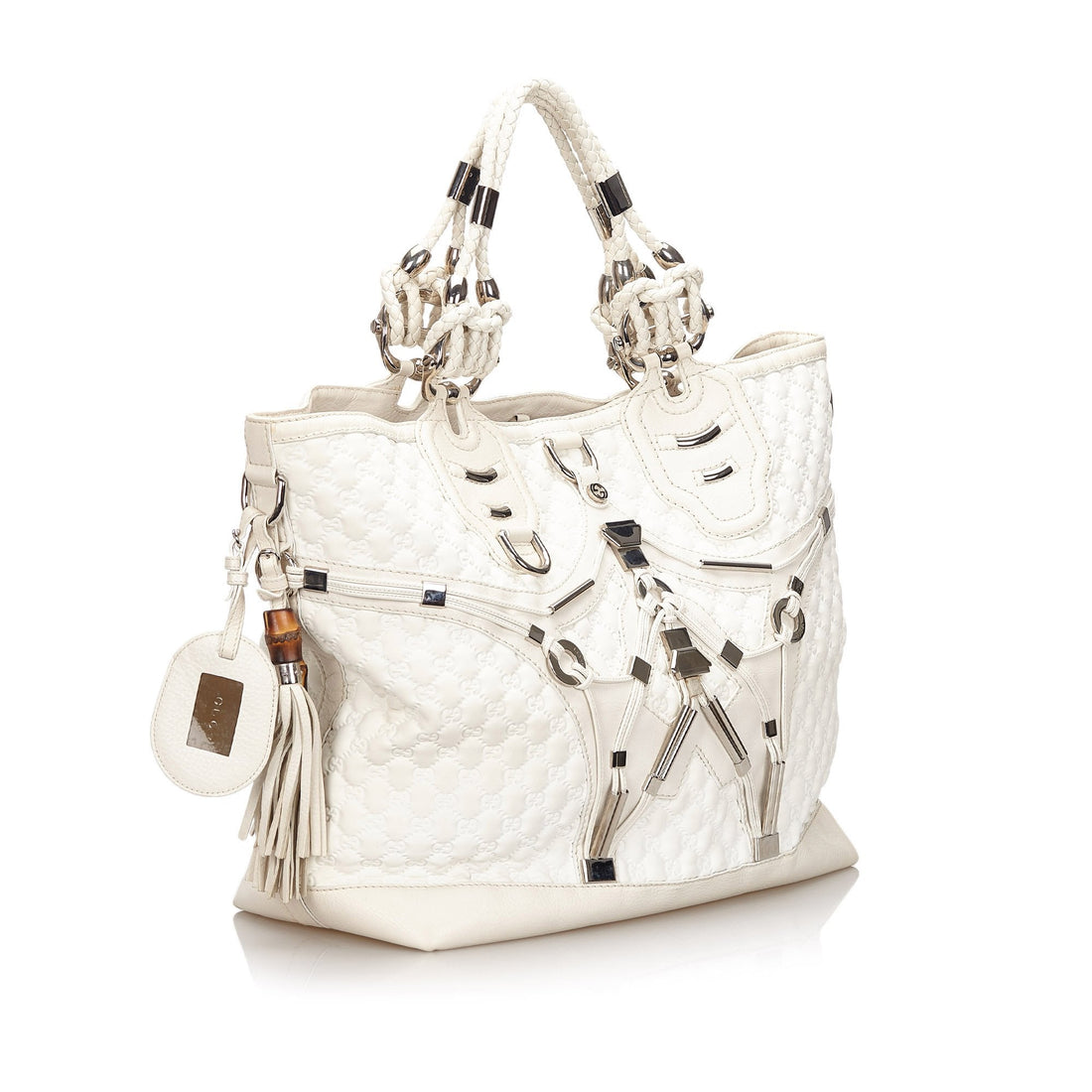 Gucci White Chemical Fiber Fabric GG Techno Horsebit Tote Bag Italy