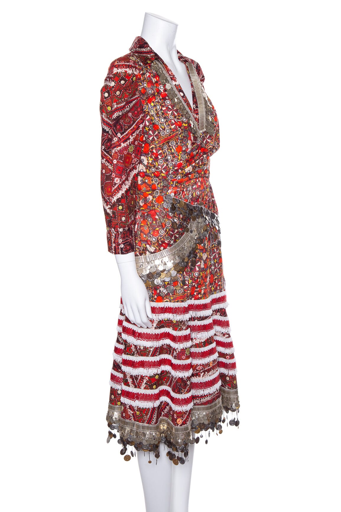 Altuzarra Red Multi Aztec Print Beaded Embellished Dress SZ 40