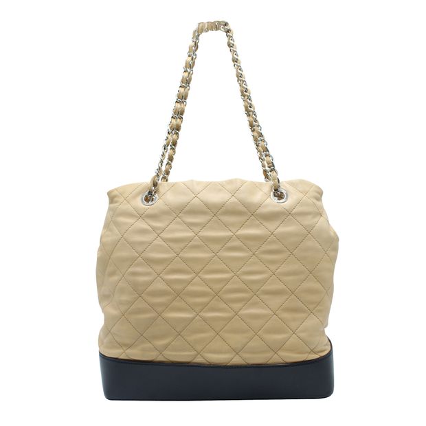 Chanel Light Brown And Black Quilted Tote Bag In Silver Hardware