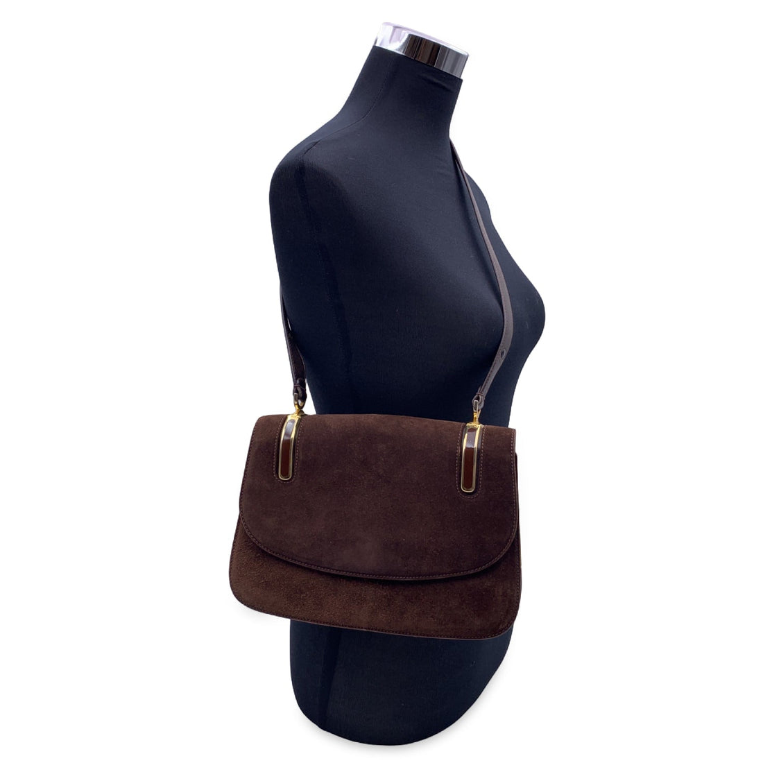 GUCCI Vintage Brown Suede Flap Enamel Shoulder Bag