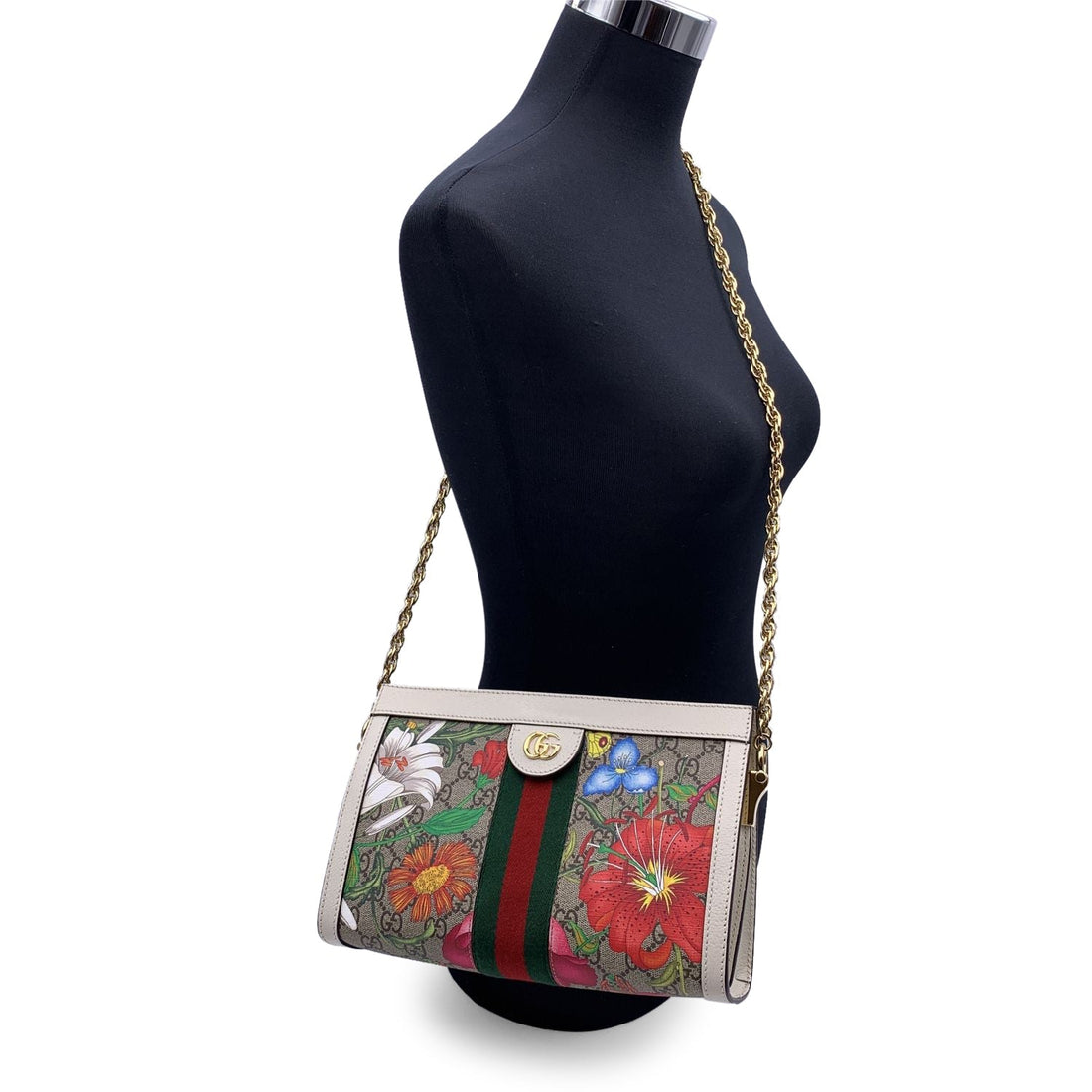 GUCCI Monogram Canvas Flora Ophidia Shoulder Bag White