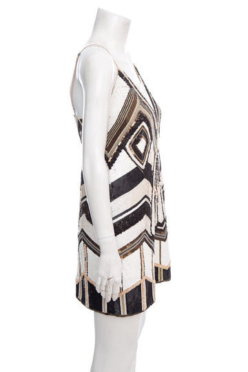 Alice + Olivia Brown and White Sequin and Beaded Sleeveless Dress SZ S