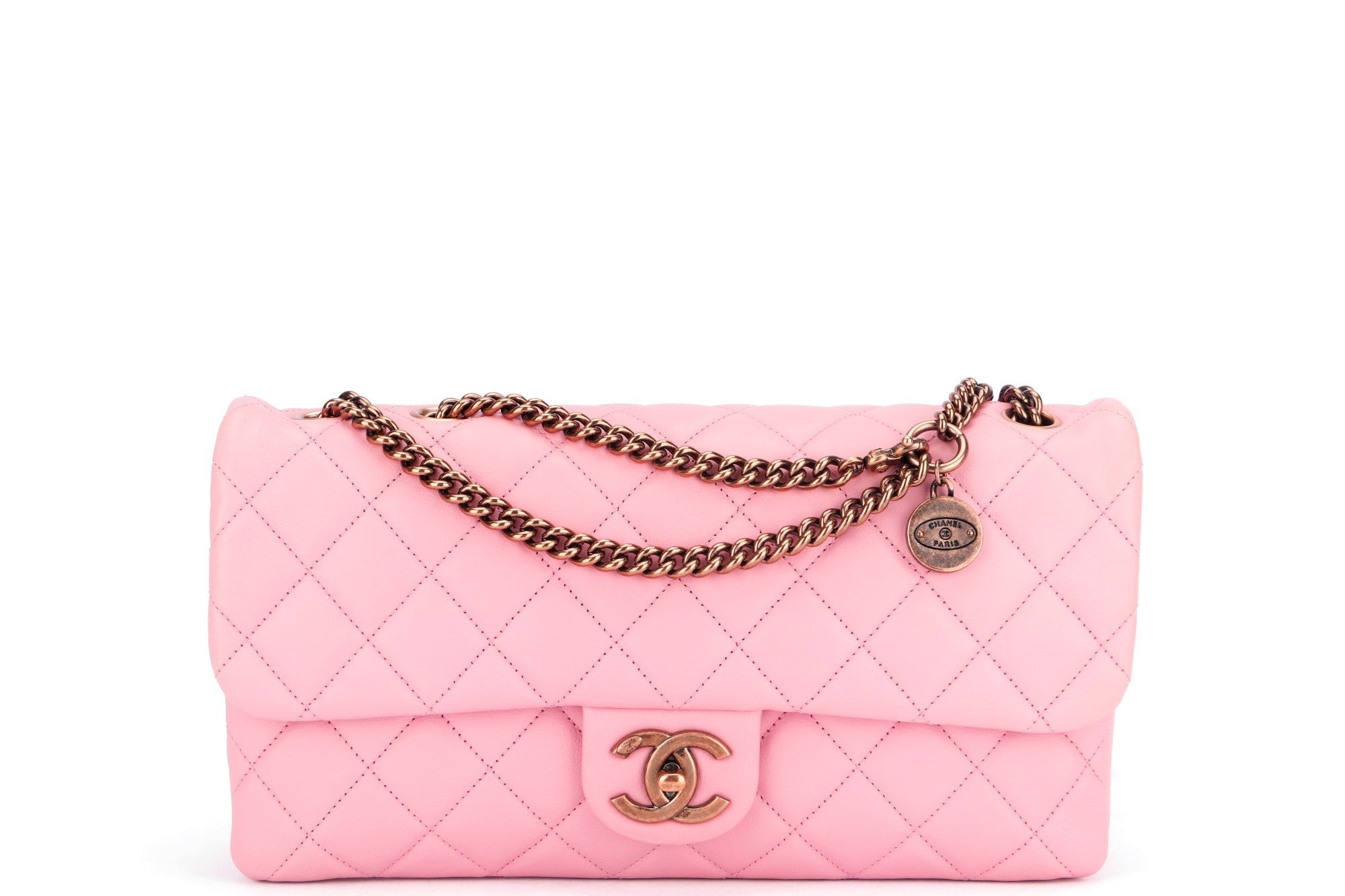 Chanel Quilted Pink Calf Leather Zippy Compartment Shoulder Bag (1875xxxx) width 28cm, Gold Chain, with  & Dust Cover