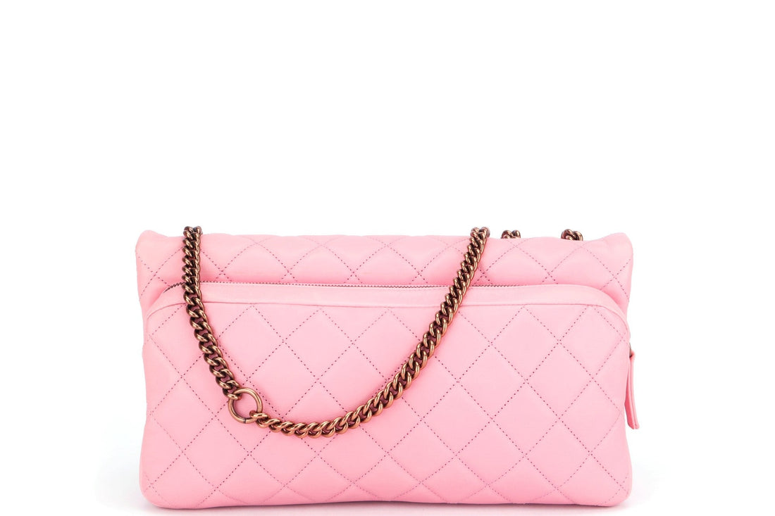 Chanel Quilted Pink Calf Leather Zippy Compartment Shoulder Bag (1875xxxx) width 28cm, Gold Chain, with  & Dust Cover