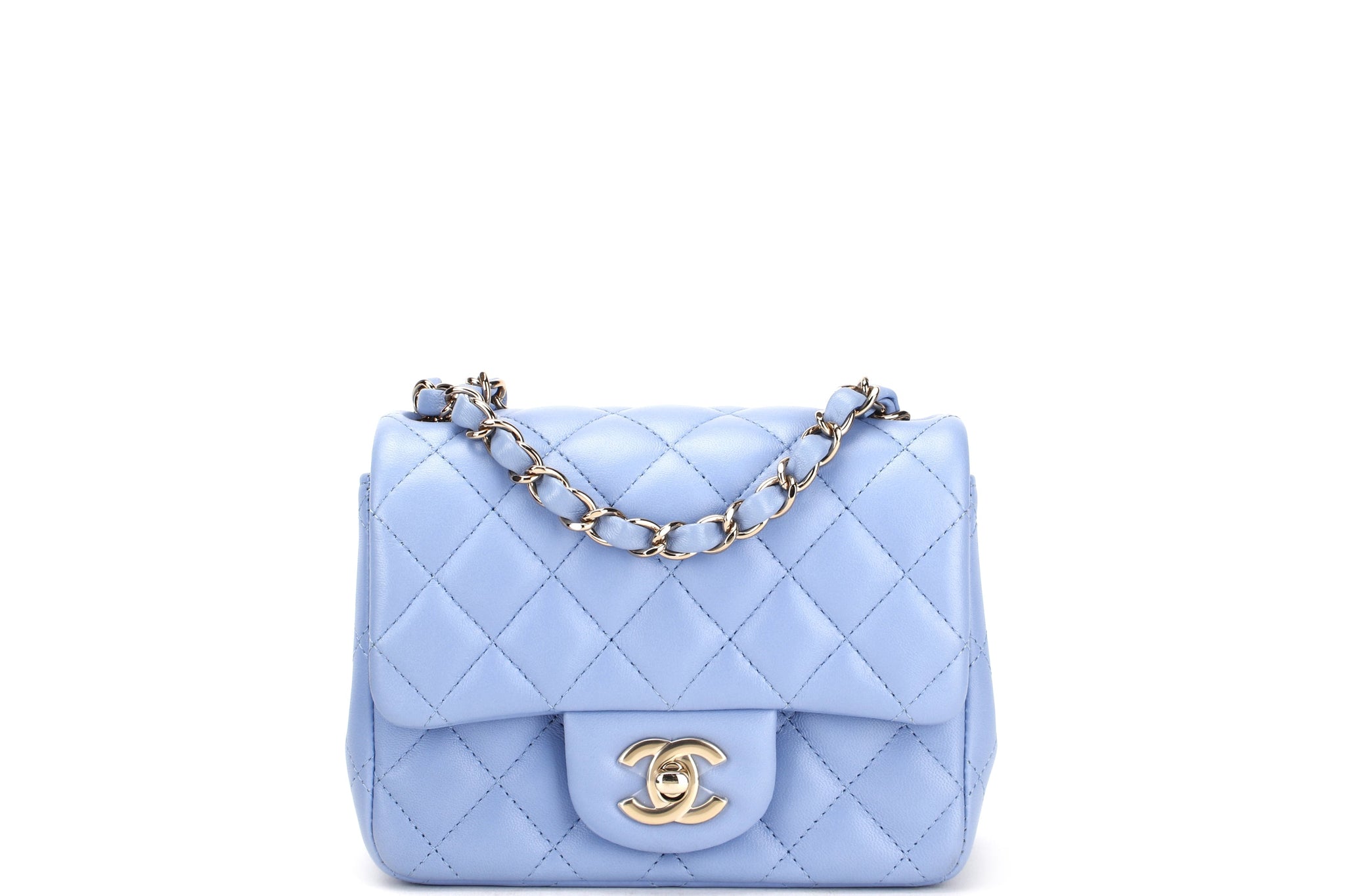 CHANEL CLASSIC MINI SQUARE (3071xxxx) LIGHT BLUE LAMBSKIN LIGHT GOLD HARDWARE, WITH , DUST COVER & BOX
