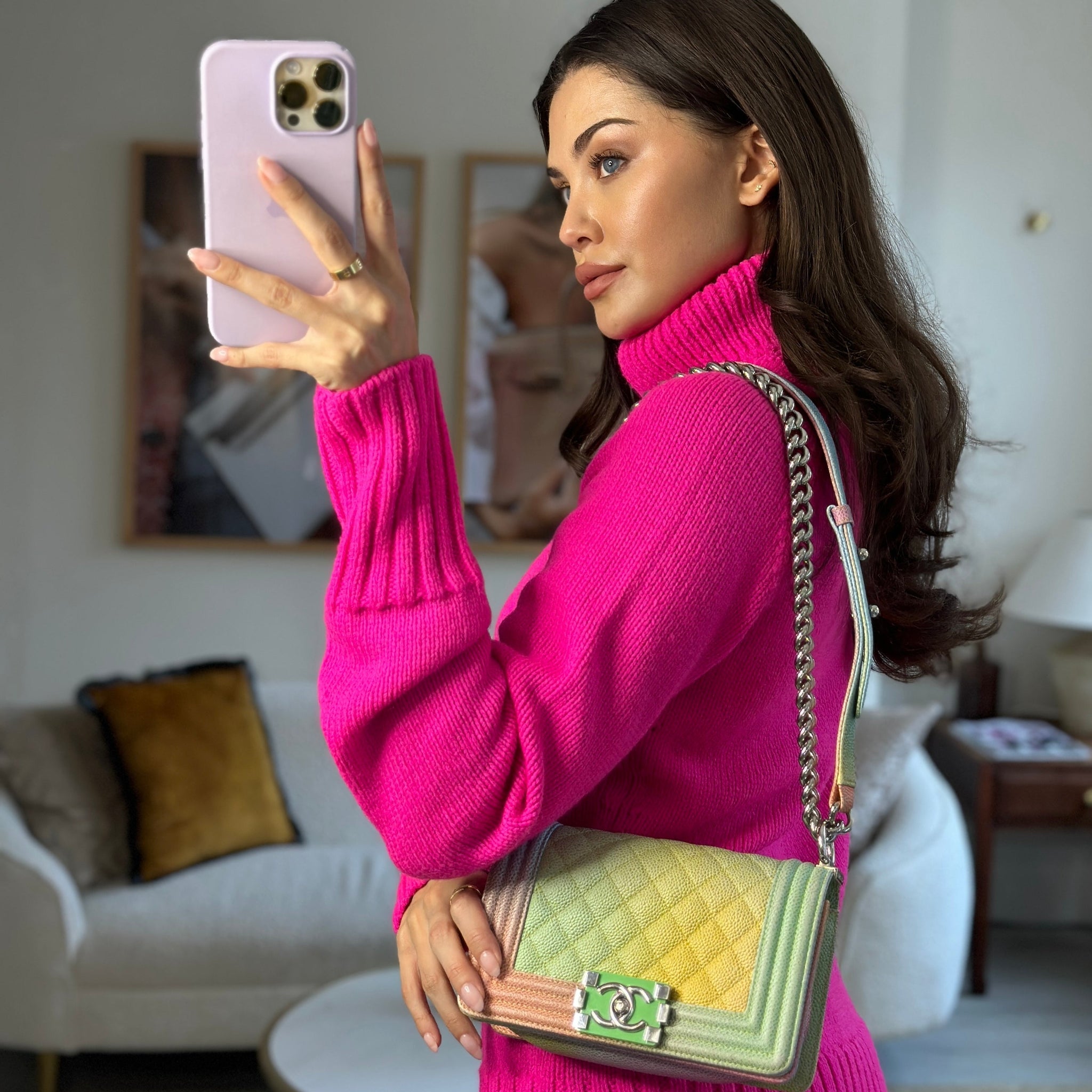 ChanelMulti-Coloured Small Boy Bag in Caviar Leather with Silver Hardware