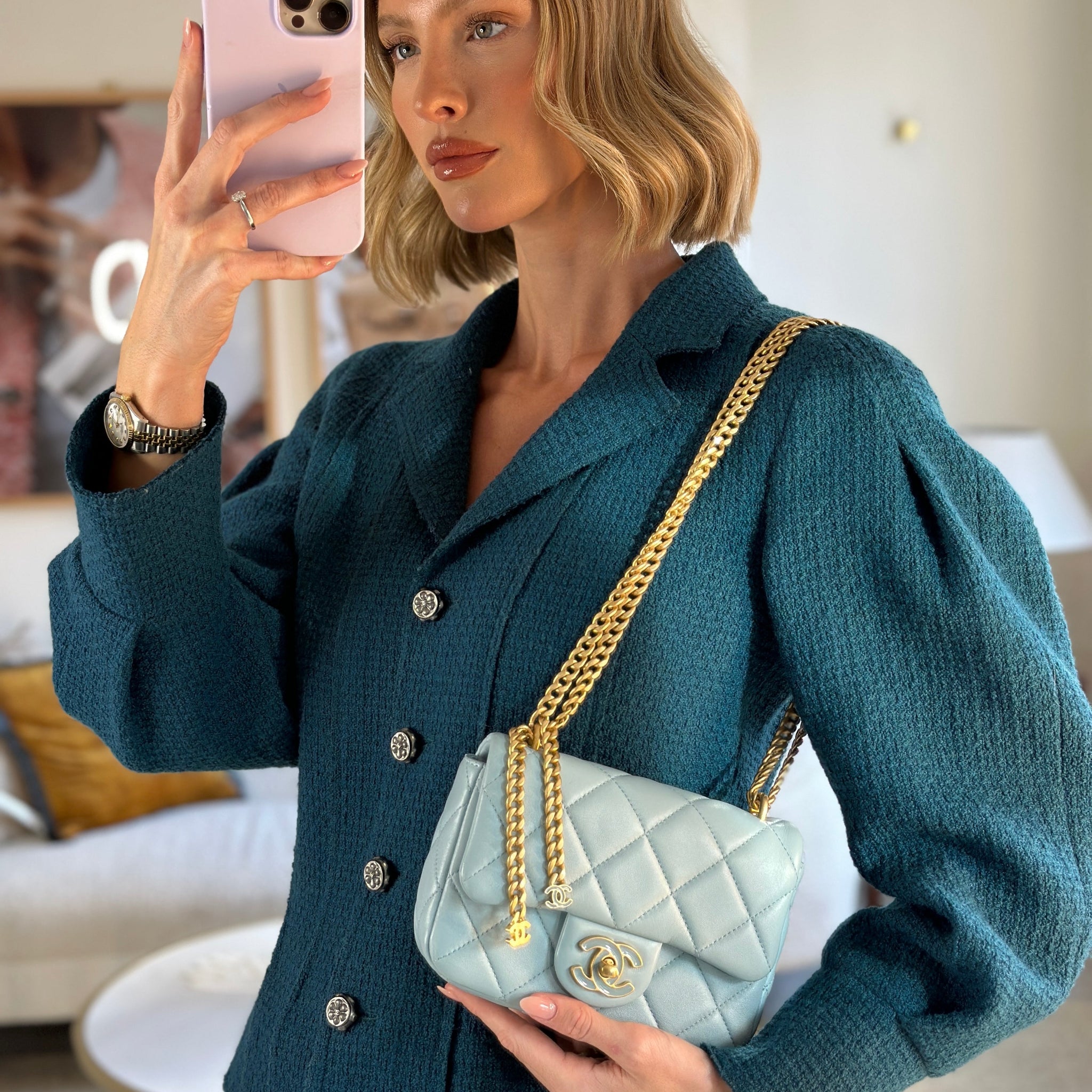 Chanel Powder Blue Mini Square Flap Bag with Gold Hardware