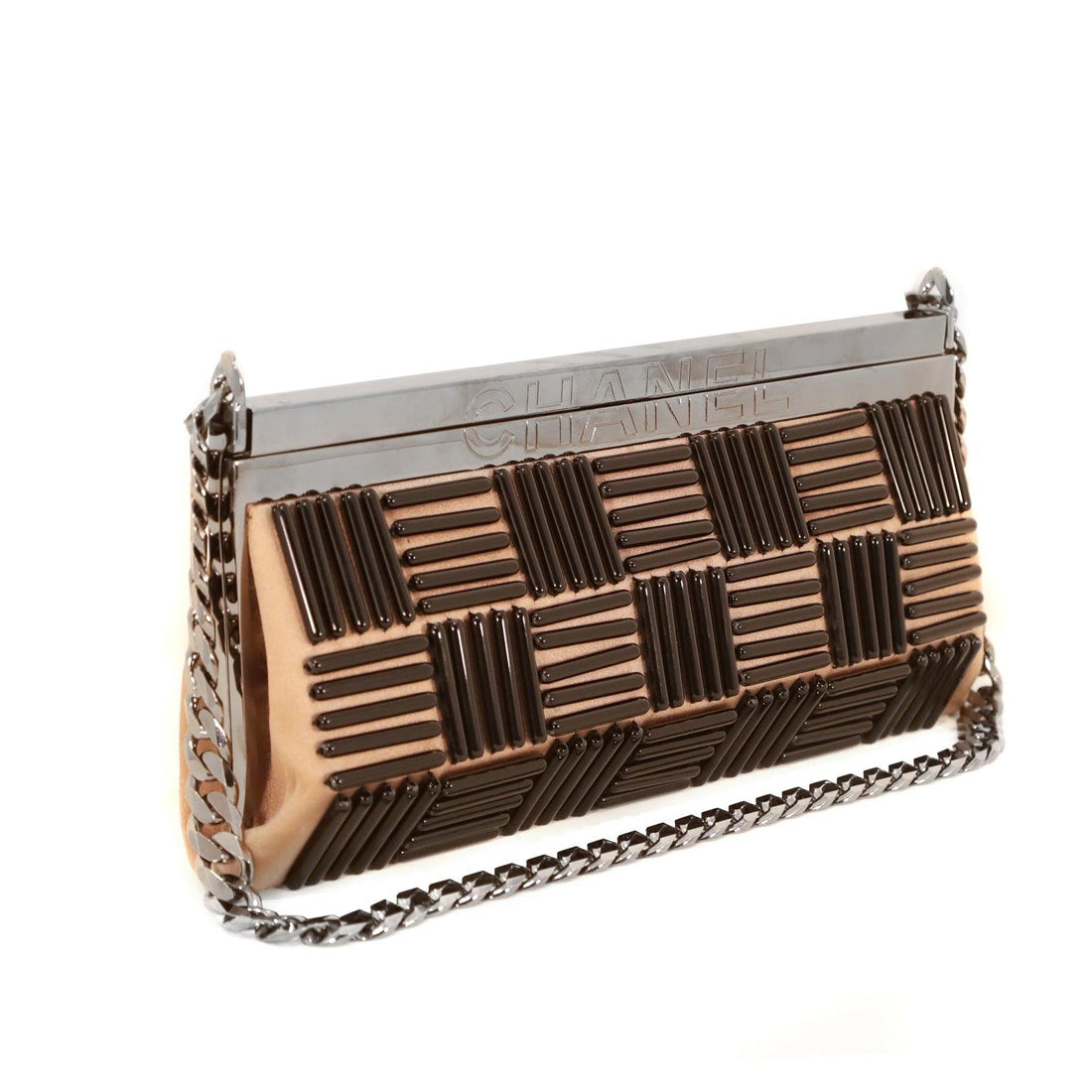 Chanel Beige Satin Applique Frame Bag