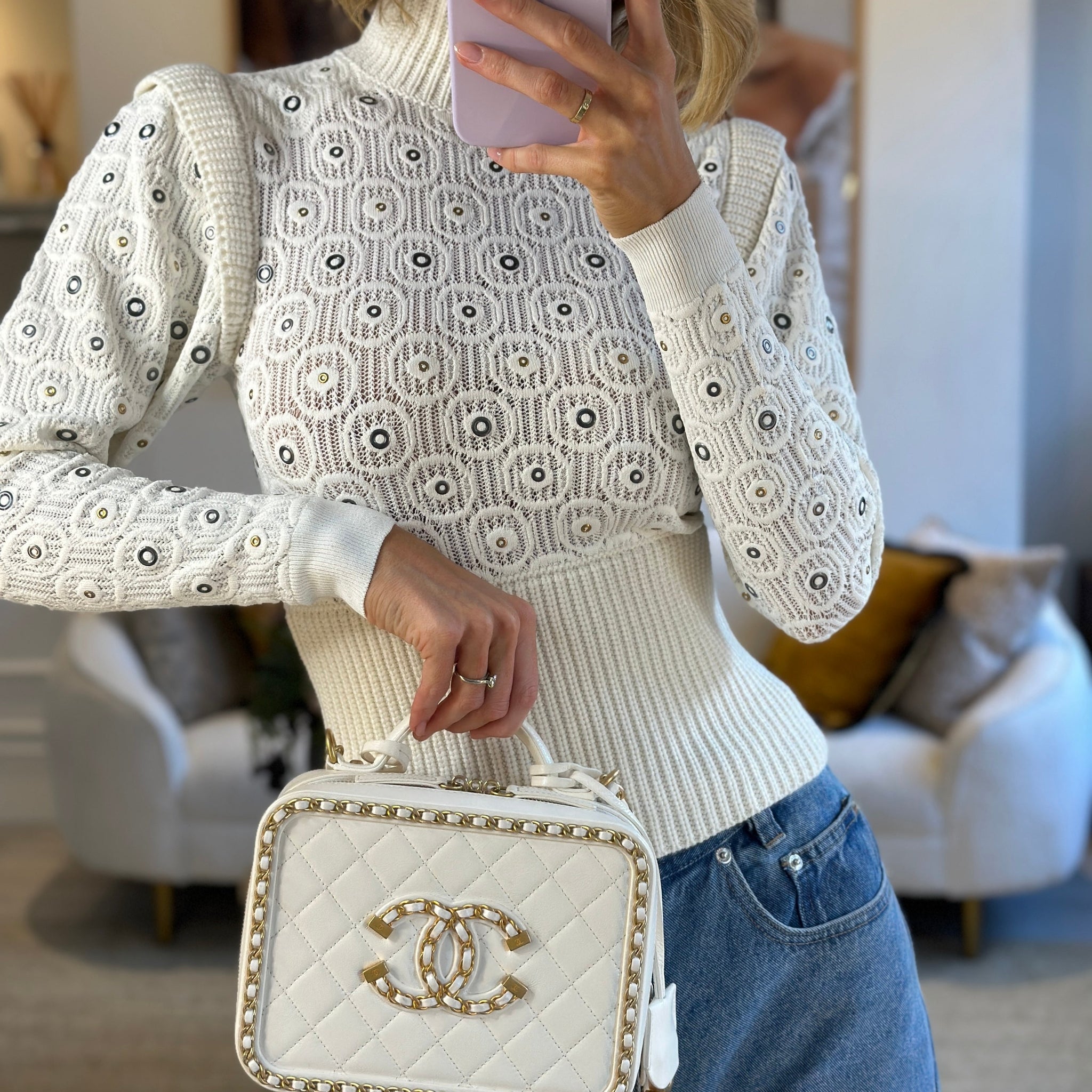 Chanel White Medium CC Filigree Vanity Case Bag in Shiny Calfskin Leather with Brushed Gold Hardware and Chain Detail